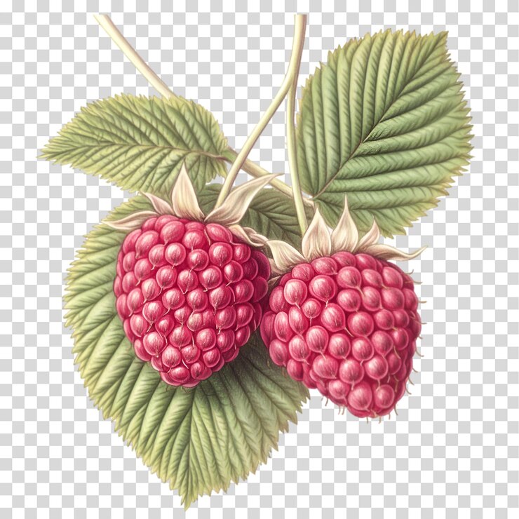 PSD a bunch of raspberries with a green leaf isolated on transparent background png cutout