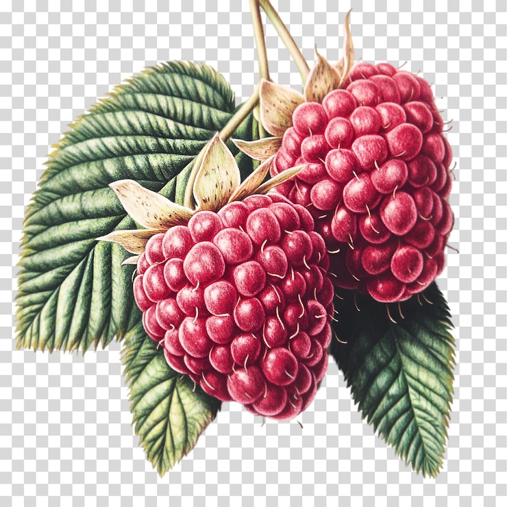 PSD a bunch of raspberries with a green leaf isolated on transparent background png cutout