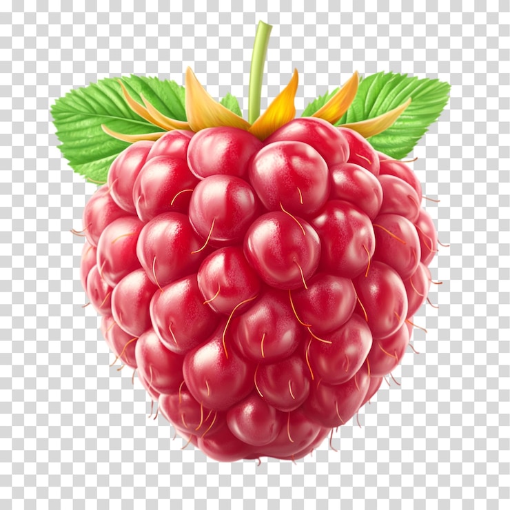PSD a bunch of raspberries with a green leaf isolated on transparent background png cutout