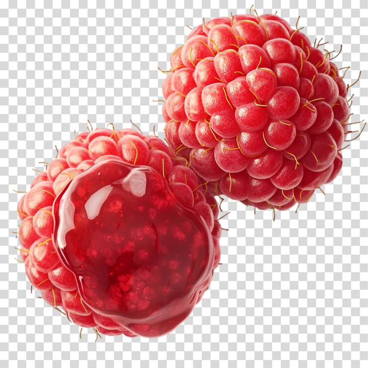 PSD a bunch of raspberries with a green leaf isolated on transparent background png cutout
