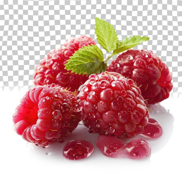 PSD a bunch of raspberries with a green leaf on the top