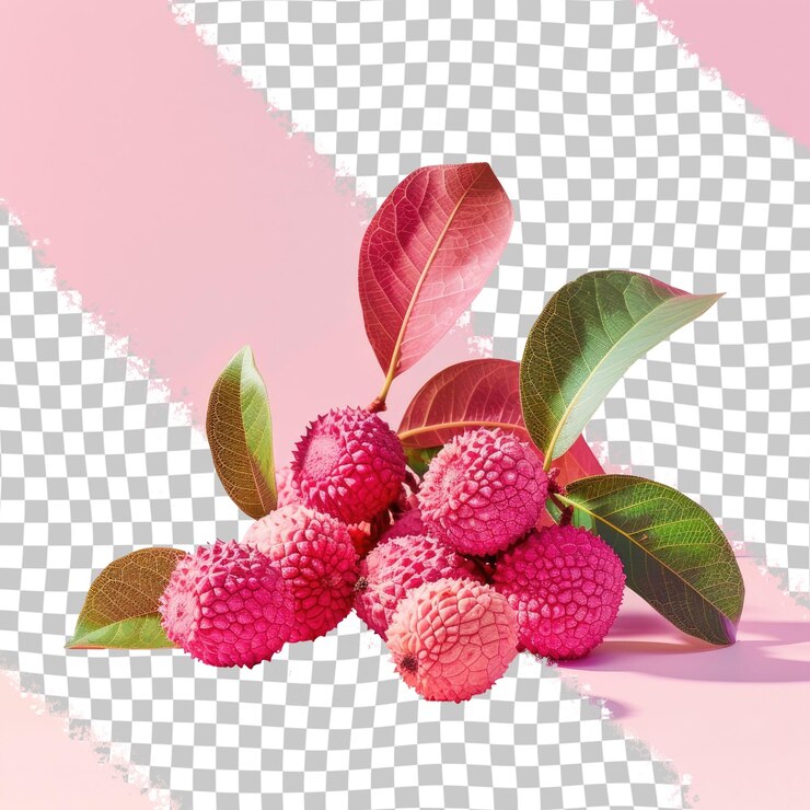 PSD a bunch of raspberries with leaves on a pink background