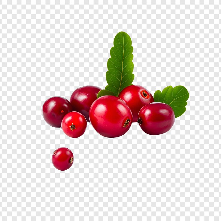 PSD a bunch of red berries with green leaves on a white background