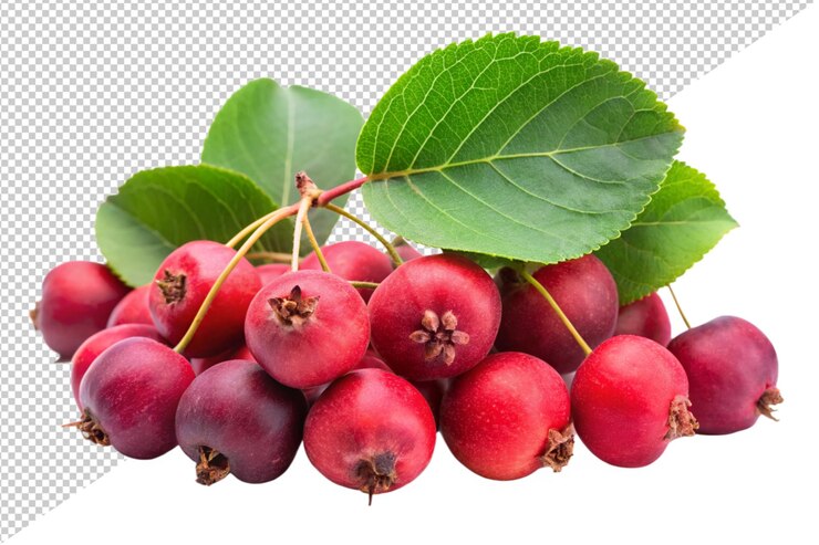 PSD a bunch of red cherries with green leaves on a white background