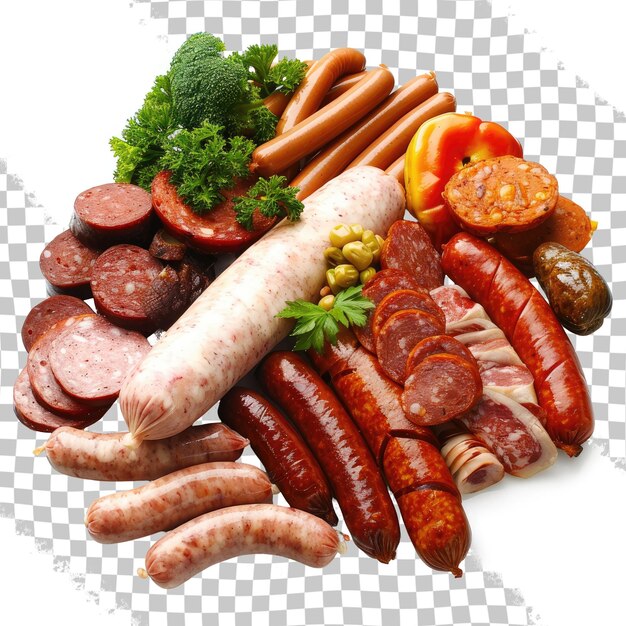 A bunch of sausages are on a table with a checkered pattern