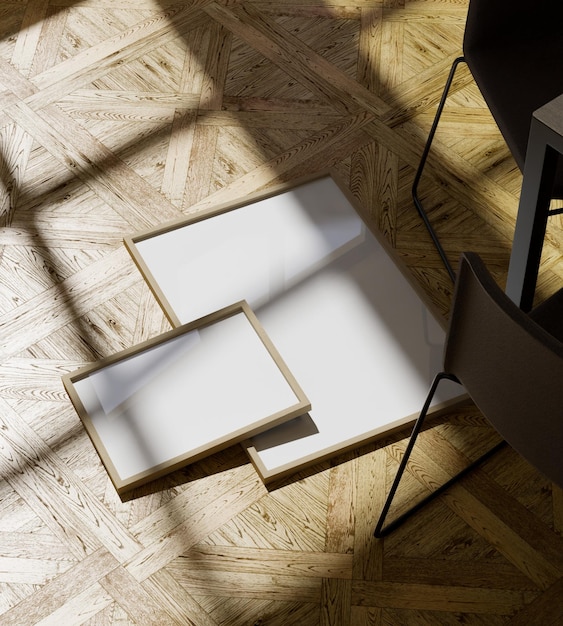 a bunch of wooden frame mockup poster on the wooden floor aesthetic frame mockup