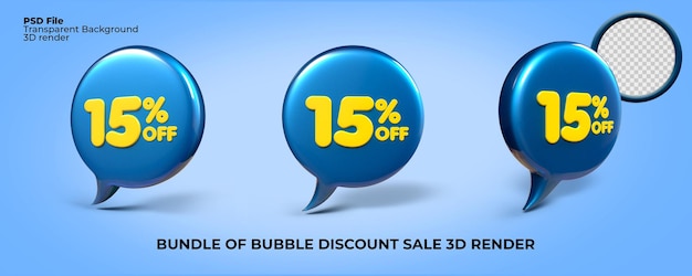 Bundel van 3d render bubble korting 15 procent te koop blauwe, gele kleuren, verkoop product