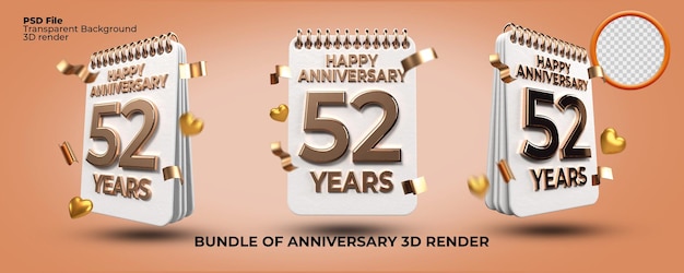 PSD bundel van 3d render verjaardag nummer 52 jaar jubileum, gouden stijl, leeftijd vieren, luxe stijl