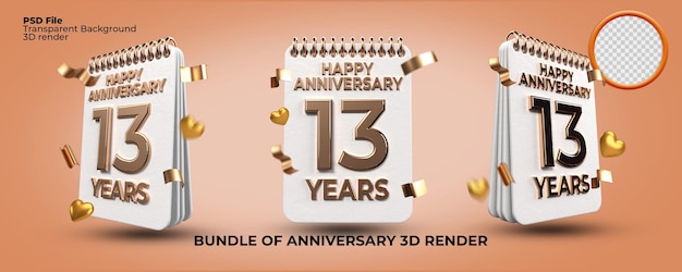 Bundle di rendering 3d numero di compleanno di 13 anni anniversario, stile oro, festa dell'età, stile di lusso