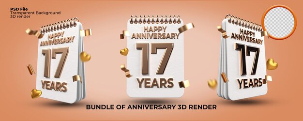 3D 번들은 17주년 생일 번호, 골드 스타일, 나이 축하, 고급 스타일을 렌더링합니다.