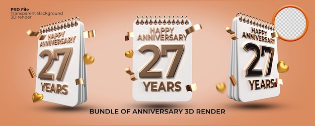 Bundle of 3d render  birthday number of age 27 anniversary, gold style, age celebrate, luxury style