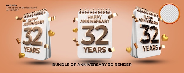 Bundle di rendering 3d numero di compleanno di 32 anni anniversario, stile oro, festa dell'età, stile di lusso