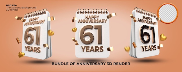 Bundle of 3d render  birthday number of age 61 anniversary, gold style, age celebrate, luxury style