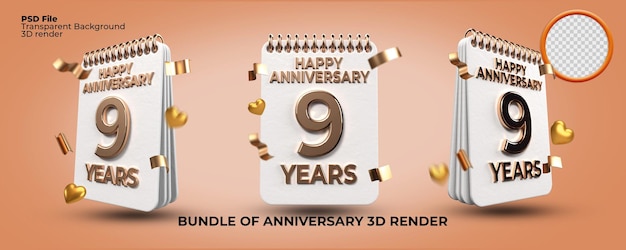 Bundle di rendering 3d numero di compleanno di 9 anni anniversario, stile oro, festa dell'età, stile di lusso