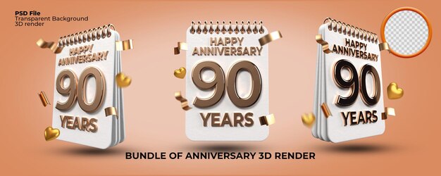 Bundle di rendering 3d numero di compleanno di 90 anni, stile oro, festa dell'età, stile di lusso