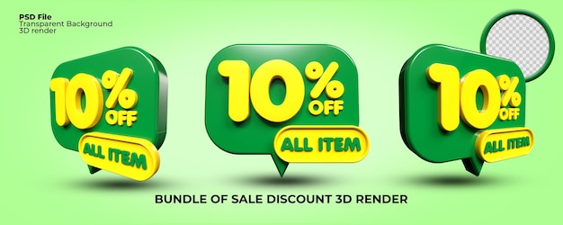 Pacchetto di 3d rendering bolla notifica sconto vendita vendita promo numero 10 percentuale buono verde