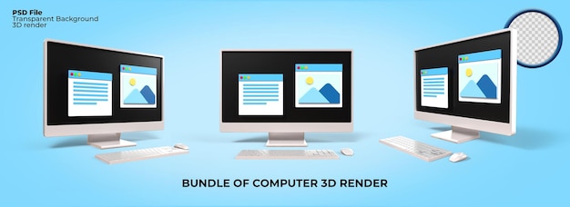 Bundle of 3D render desktop pc monitor set work job, frelancer, report, busines, editor, designer