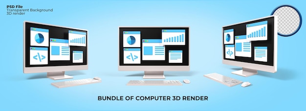 Bundle of 3D render desktop pc monitor set work job, frelancer, report, busines, editor, designer