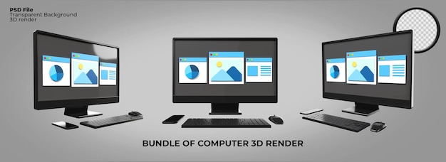 PSD bundle of 3d render desktop pc monitor set work job, frelancer, report, busines, editor, designer