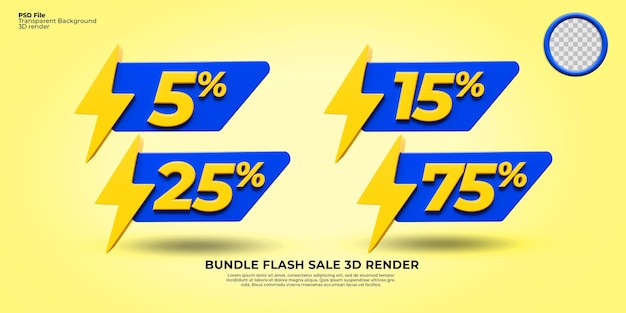 bundle of 3D render flash sale discount 5, 15, 25, 75, element transparent blue and yellow