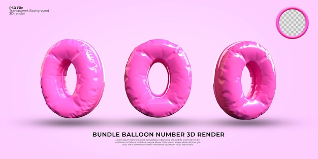 Bundle of 3d render number 0 balloon color pink color, transparent