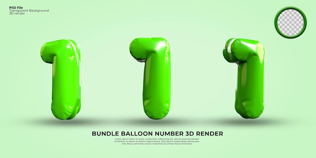 Bundle of 3D Render number 1 balloon color Green light transparent