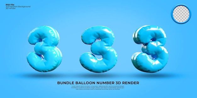 Bundle of 3D Render number 3 balloon color blue transparent