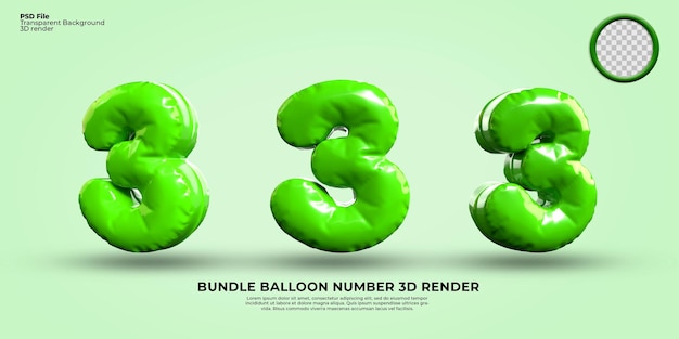 PSD bundle of 3d render number 3 balloon color green light transparent