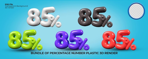 Bundle  of 3D render number 85 percentage balloon colors for shop sale, flash sale, kids, progress