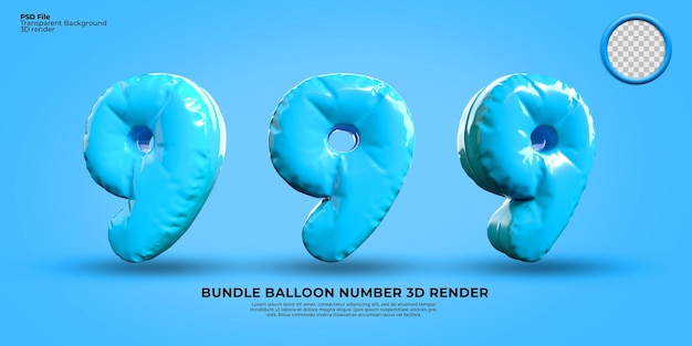 bundle of 3d render number 9 balloon color blue transparent