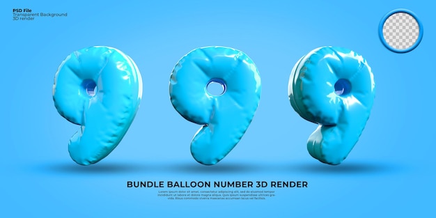 Bundle of 3D Render number 9 balloon color blue transparent