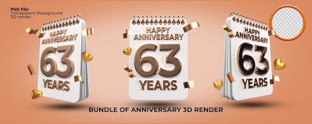 3d レンダリングの誕生日番号 63 周年記念、ゴールド スタイル、年齢のお祝い、豪華なスタイルのバンドル