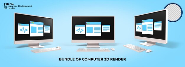 Bundle of 3D render desktop pc monitor set work job, frelancer, report, busines, editor, designer