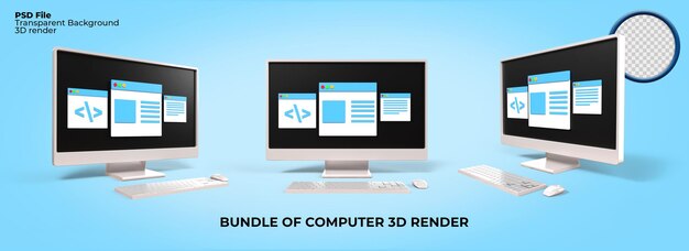 PSD 3d レンダー デスクトップ pc モニター セット作業ジョブ、フリーランサー、レポート、ビジネス、エディター、デザイナーのバンドル