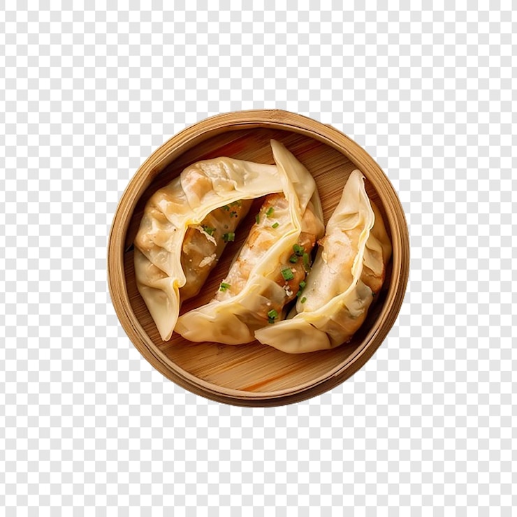 PSD bundle of dim sum in a wooden bowl side and top view isolated on a white background