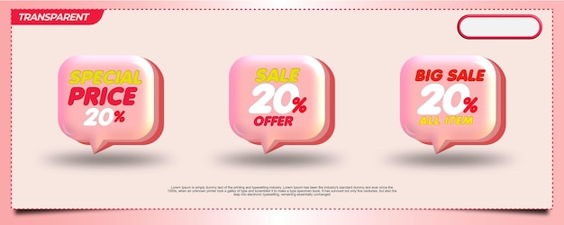 Bundle  of vector  bubble speech number 20 percent, banner sale discount, transparent element promo