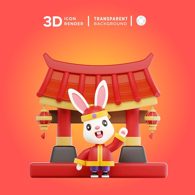 Bunny in chinese temple 3d illustration rendering