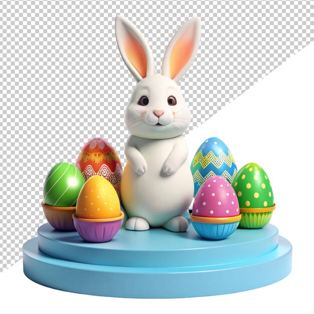 PSD bunny with easter eggs on podium stage on transparent background