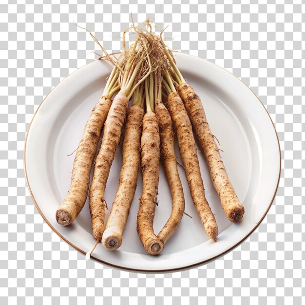 Burdock roots on white plate isolated on transparent background