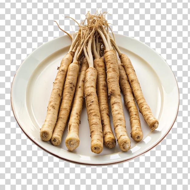 PSD burdock roots on white plate isolated on transparent background