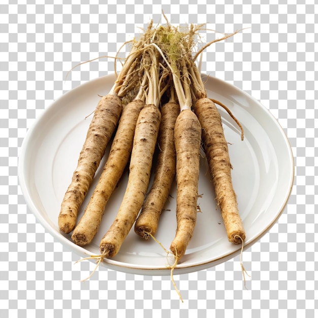 PSD burdock roots on white plate isolated on transparent background