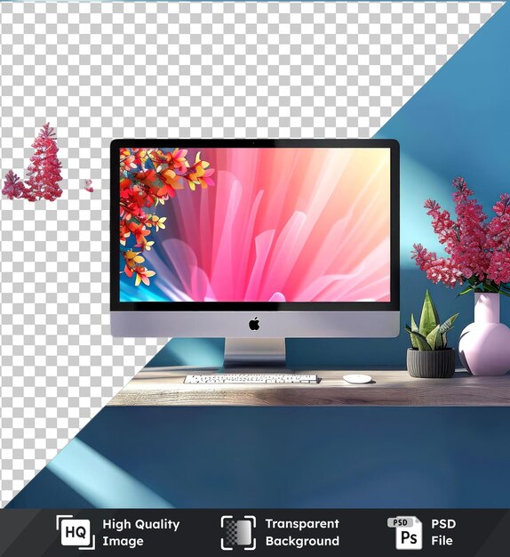 PSD bureau met computer mockup ontwerp roze vaas met rode en roze bloemen witte toetsenbord blauwe muur