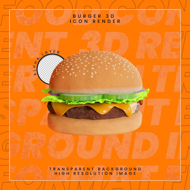 PSD burger 3d icon food render transparent background