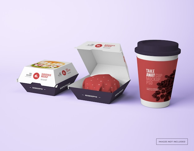 Burger box packaging with take away paper cup mockups