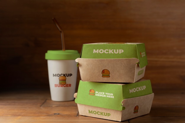 PSD burger boxes and soda cup arrangement