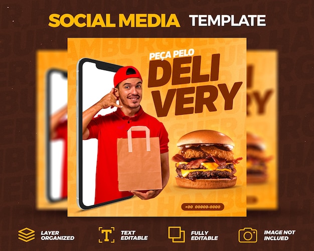 PSD modello di post sui social media per la promozione dell'uomo delle consegne di hamburger