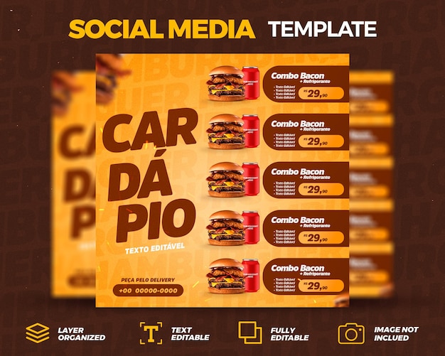 PSD modello di post sui social media per menu di consegna hamburger