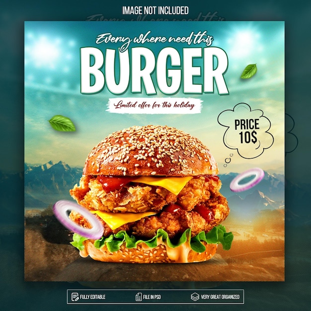 バーガーファストフードソーシャルメディアプロモーションとバナー投稿デザインテンプレート 無料 Psd