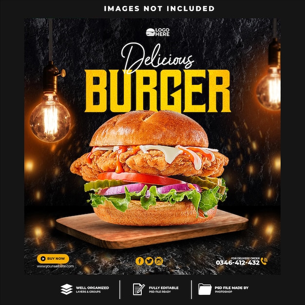 PSD burger flyer post w mediach społecznościowych i szablon banera internetowego