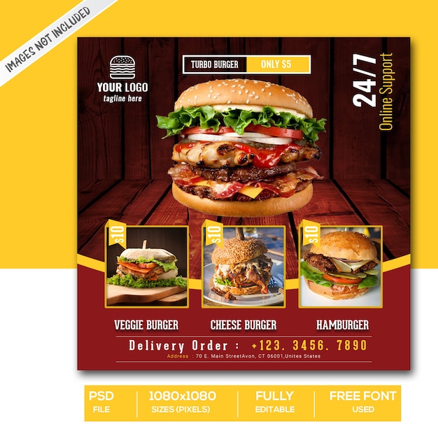 PSD modello dell'insegna dell'alberino del instagram di media sociali di promozione del menu degli alimenti a rapida preparazione o dell'hamburger